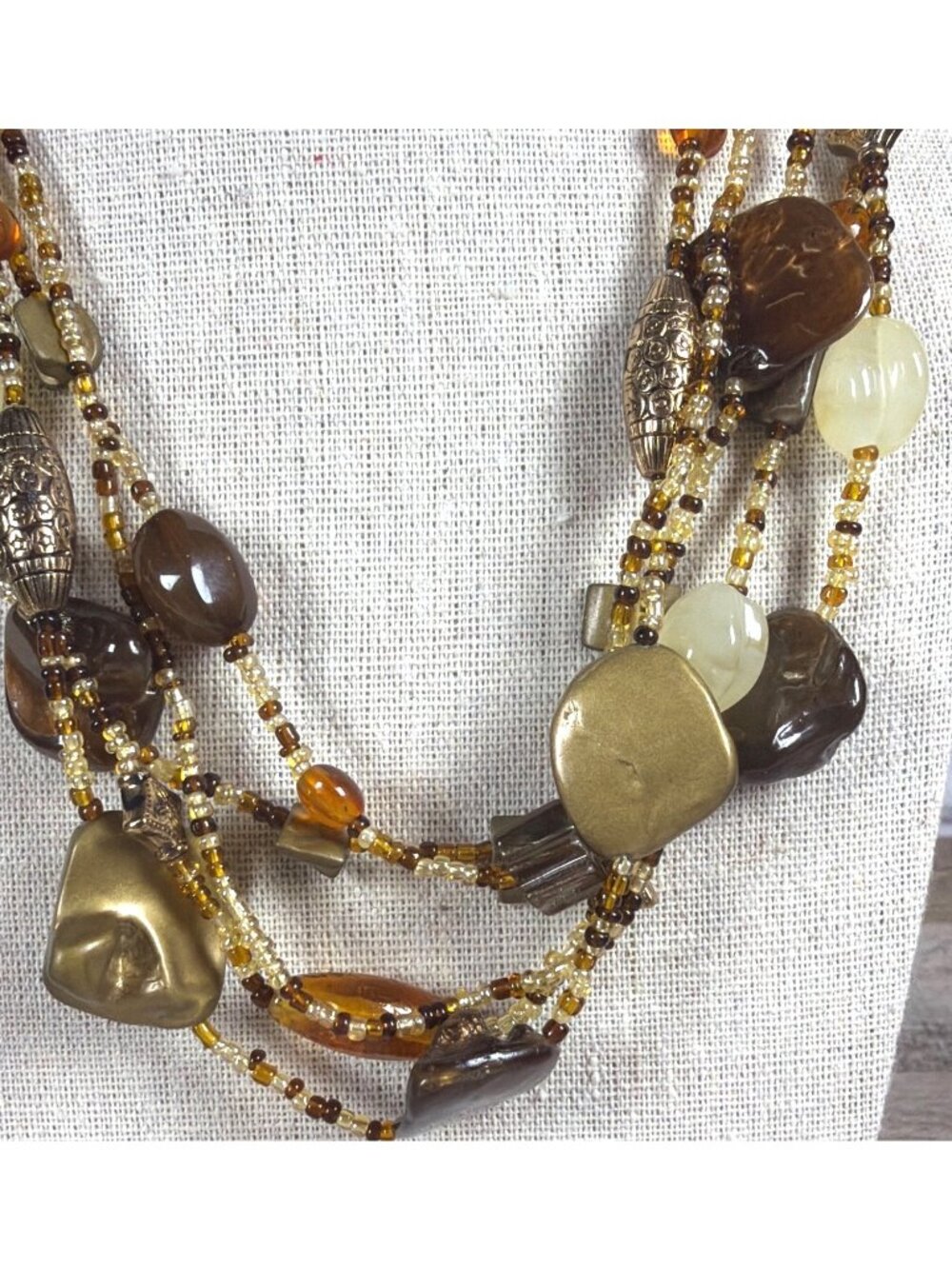 Multi Strand Beaded Statement Necklace Earth Tone Chunky Boho Layered Collar - Picture 2 of 10